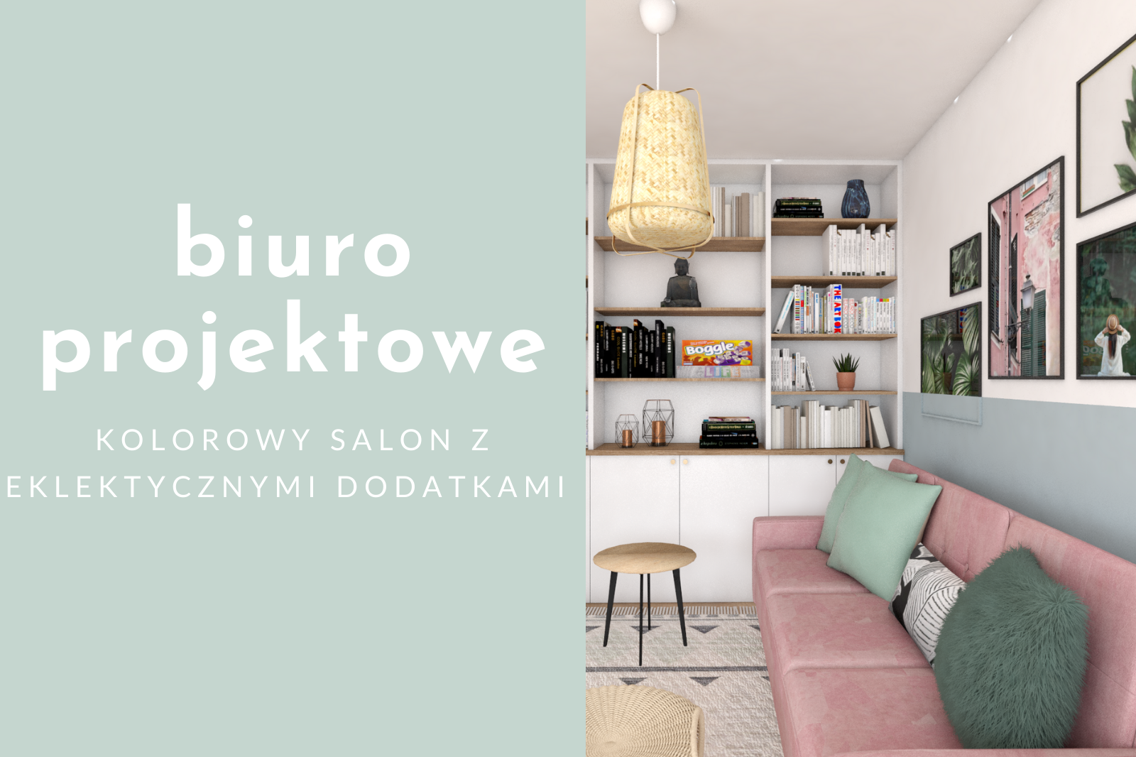 Biuro projektowe – eklektyczny salon z różową sofą